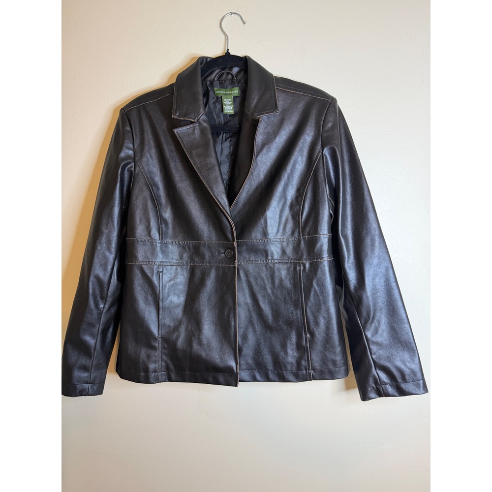 Mountain Lake Womens M Brown Faux Leather Distressed Blazer Jacket 90s Y2K Vegan